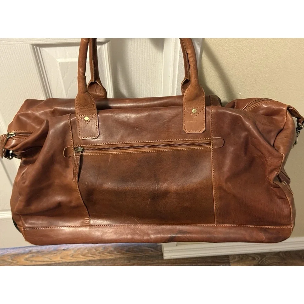 MaheTri Brown Leather Duffle Trolley Travel Bag